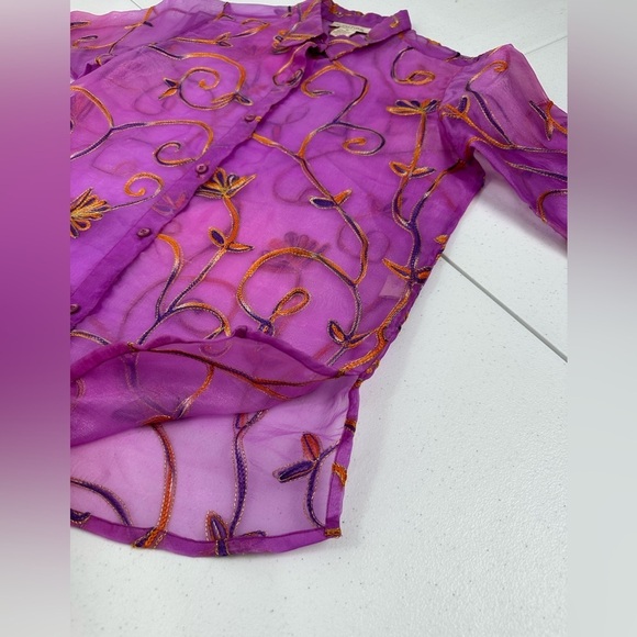 c.l.o.t.h.e.s. Sheer Floral Embroidered Button Front Collared Blouse Purple - Picture 8 of 13